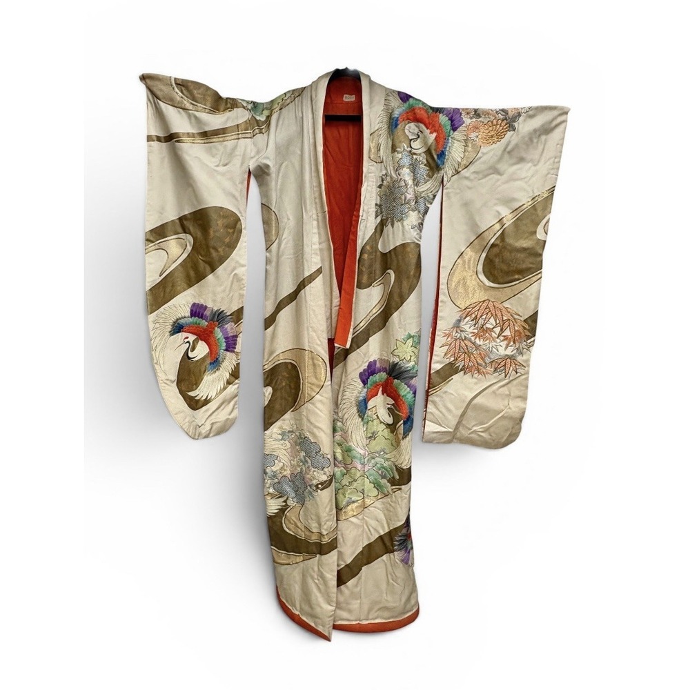 Vintage Uchikake Japanese Silk kimono Painted embroidered Cranes Beaded